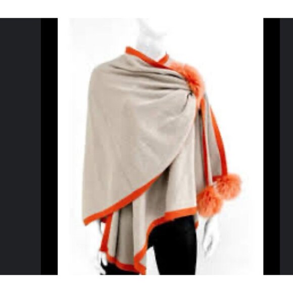 Mitchie's Matchings Wool Knit Wrap with Fox Pull Through Pom Poms Old Money OS - Picture 1 of 13